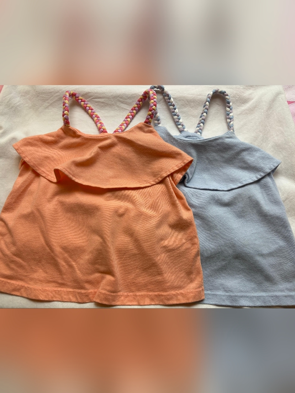 Baby’s 12 Month Orange and Blue Ruffle Tank Tops with Braided Straps